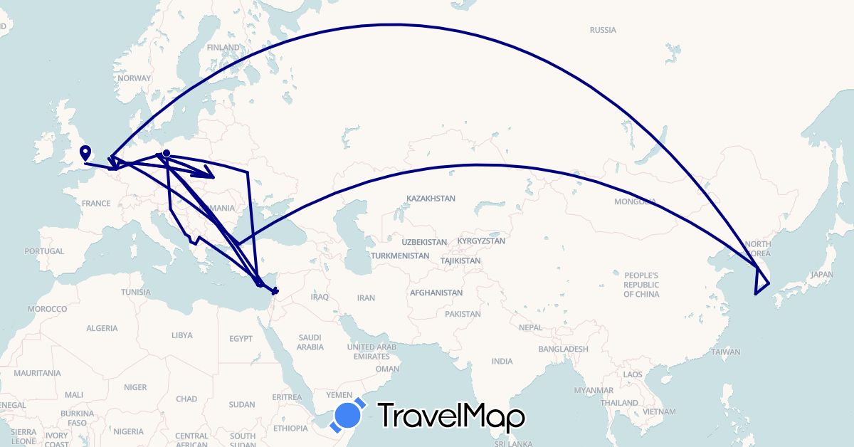 TravelMap itinerary: driving in Albania, Belgium, Cyprus, Germany, United Kingdom, Croatia, South Korea, Lebanon, Montenegro, Macedonia, Netherlands, Poland, Turkey, Ukraine (Asia, Europe)